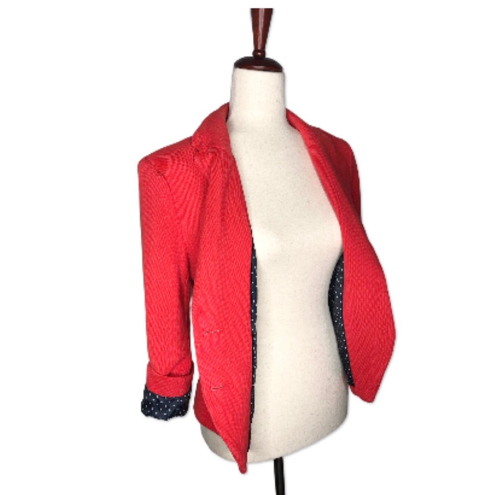 H & M Red 3/4 Sleeve 2 Button Blazer | Blue white Polka Dot Lining | 10
